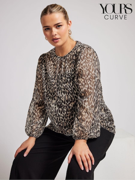 Yours Curve Brown London Metallic Bellow Sleeve Leopard Print Blouse (AK4232) | £39