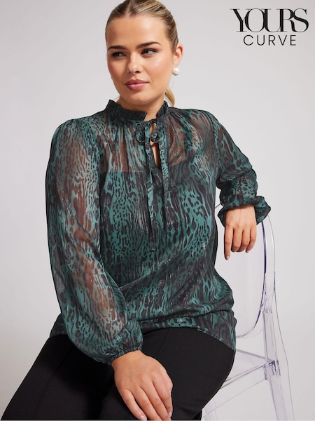 Yours Curve Green London Floral Ruffle Collar Blouse (AK4243) | £39