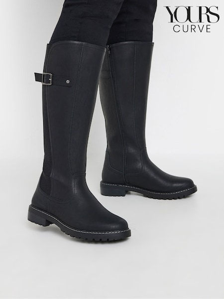 Yours Curve Black Extra-Wide Fit PU Cleated Stretch Knee High Boots (AK4281) | £60