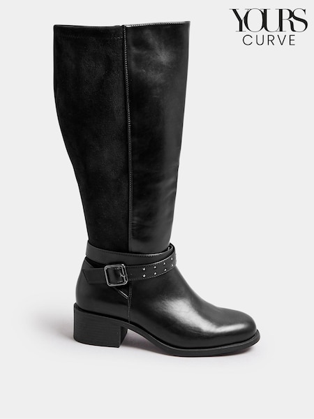 Yours Curve Black Extra Wide Fit Block Heel Metal Strap Boots (AK4284) | £60