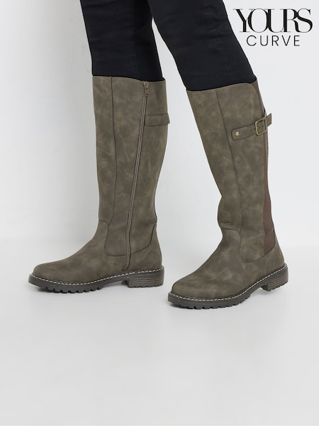 Yours Curve Brown Extra-Wide Fit PU Cleated Stretch Knee High Boots (AK4285) | £60