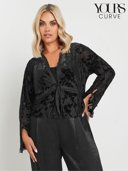 Yours Curve Black Floral Burnout Tie Front Jacket (AK4289) | £39