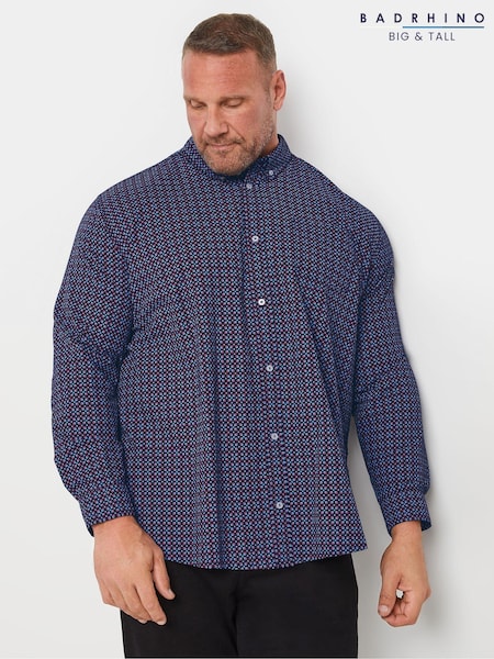 BadRhino Big & Tall Blue Geometric Print Party 100% Cotton Shirt (AK4368) | £32