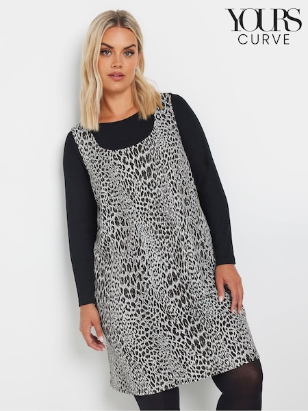 Yours Curve Grey A-Line Leopard Print Pinafore Dress (AK4463) | £34