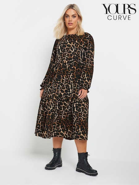 Yours Curve Brown Textured Midaxi Animal Print Frill Dress (AK4475) | £37