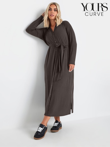 Yours Curve Brown Rib Button Front A Line Dress (AK4477) | £34