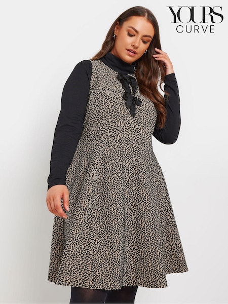 Yours Curve Brown Crew Neck Double Bow Pinafore Dress (AK4494) | £37