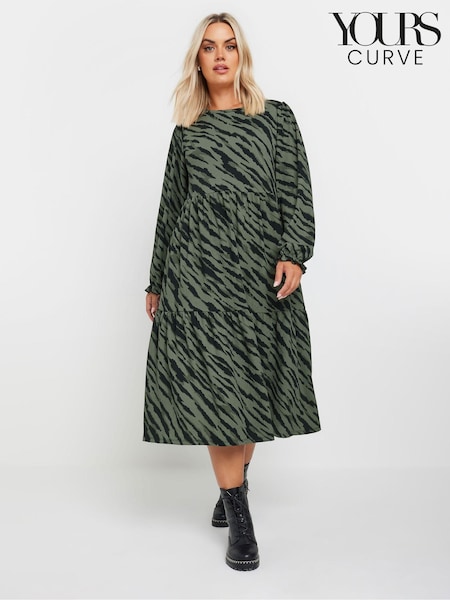 Yours Curve Green Textured Midaxi Animal Print Frill Dress (AK4523) | £37