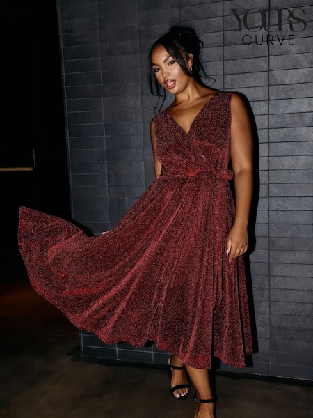 Yours Curve Red London Metallic Wrap Skater Dress (AK4534) | £60