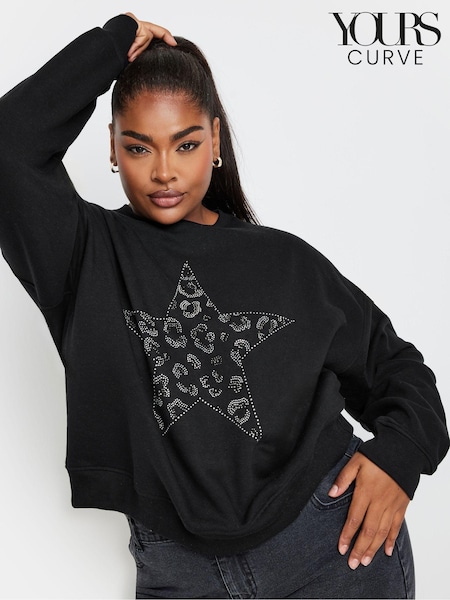 Yours Curve Black Diamante Leopard Print Sweatshirt (AK4559) | £29