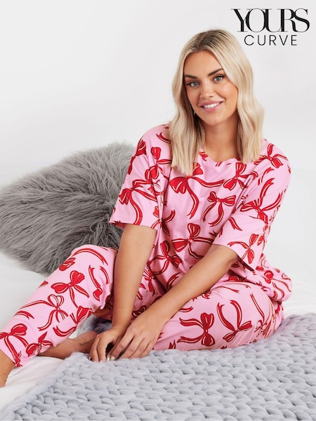 Yours Curve Pink 100% Cotton Bows Short Sleeve Tapered Pyjamas Set (AK4572) | £30