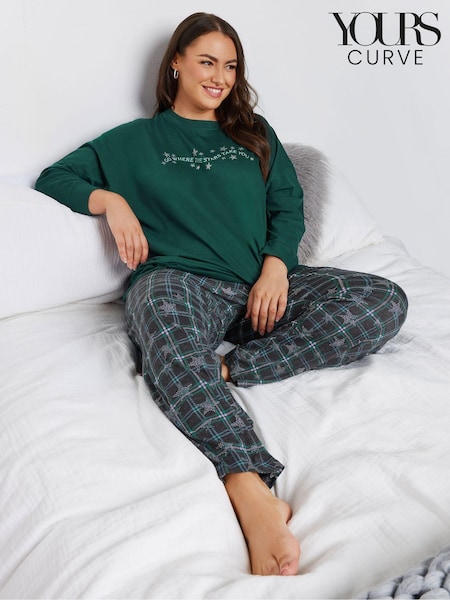 Yours Curve Green 100% Cotton Star Check Long Sleeve Wide Leg Pyjamas Set (AK4577) | £28