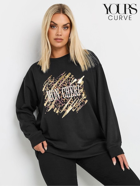 Yours Curve Black Leopard Print 'Mon Cheri' Graphic Sweatshirt (AK4593) | £27