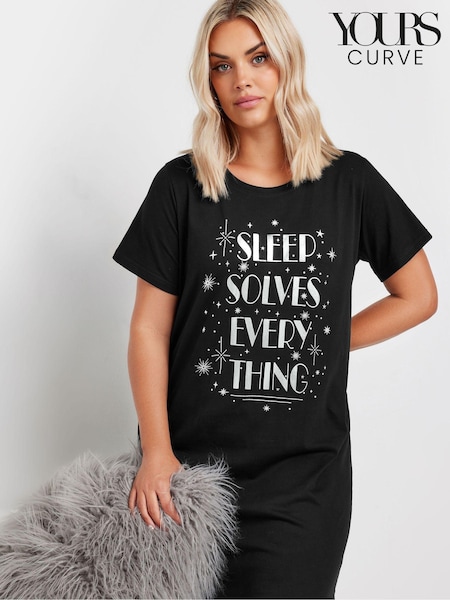 Yours Curve Black 100% Cotton Sleep Solves Everything Midaxi Nightdress (AK4609) | £22