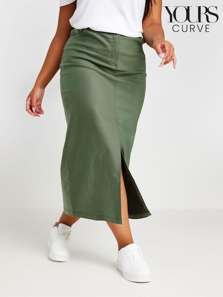 Yours Curve Green Coated Midaxi Front Slit Skirt (AK4636) | £37