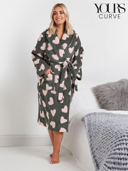 Yours Curve Grey Fluffy Heart Shawl Collar Robe (AK4654) | £33
