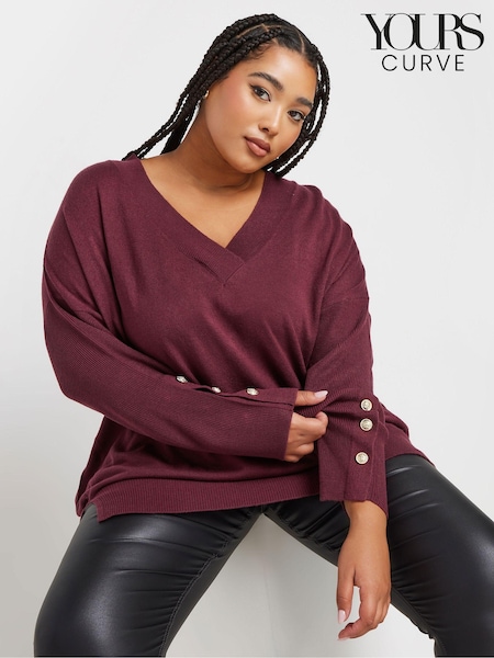 Yours Curve Red Button Sleeve Ribbed Jumper (AK4656) | £29