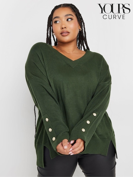 Yours Curve Green Button Sleeve Ribbed Jumper (AK4661) | £29