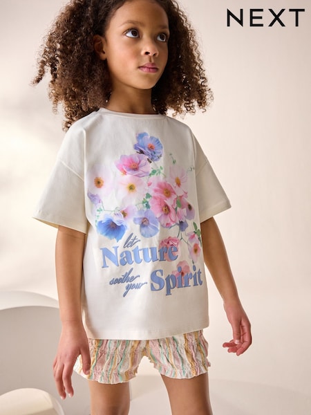 Ecru/Pink Floral Graphic 100% Cotton T-Shirt and Bloomer Shorts Set (3-16yrs) (AK4725) | £22 - £28