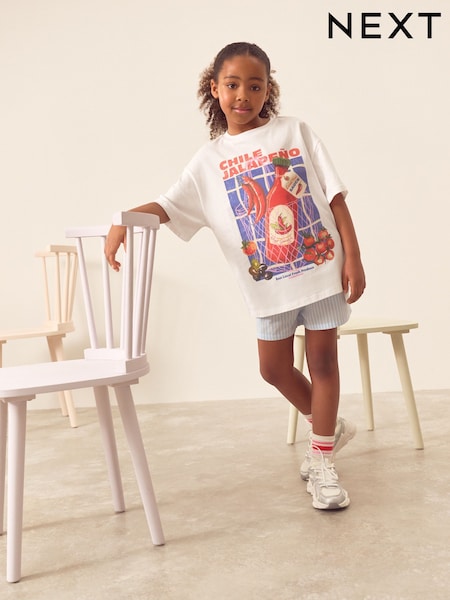 White/Blue Chilli Oversized 100% Cotton Graphic T-Shirt & Woven Shorts (3-16yrs) (AK4735) | £16 - £22