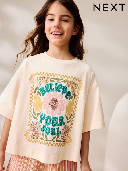 Cream Floral Print Sequin T-Shirt (3-16yrs) (AK4740) | £11 - £16
