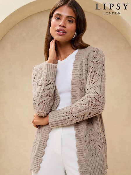 Lipsy Neutral Knitted Pretty Stitch Crochet Long Cardigan (AK4835) | £45