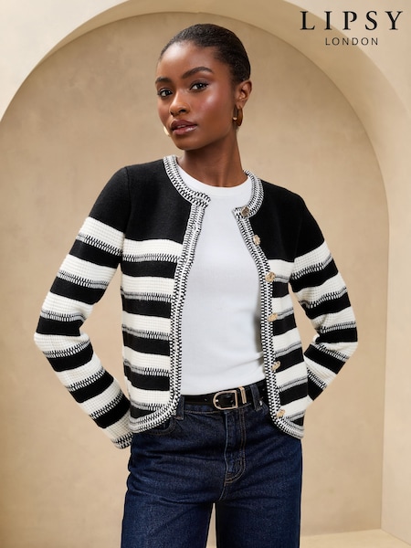 Lipsy Black & White Petite Buttoned Crew Neck Knit Cardigan (AK4848) | £45
