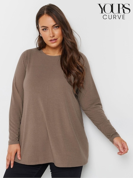 Yours Curve Brown Long Sleeve Rib Swing T-Shirt (AK4927) | £22