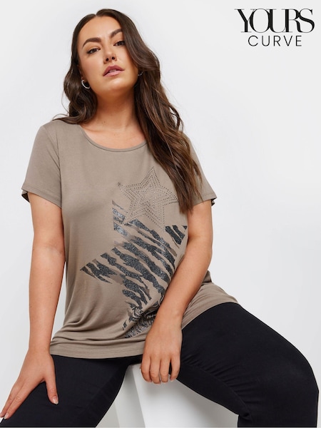 Yours Curve Brown Glitter Heart T-Shirt (AK4936) | £22