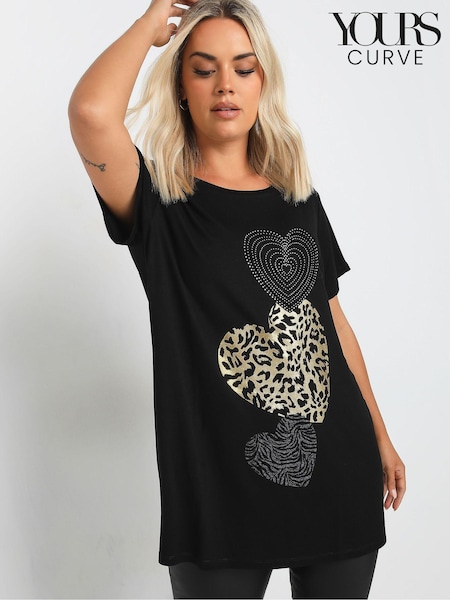 Yours Curve Black Glitter Heart T-Shirt (AK4944) | £22