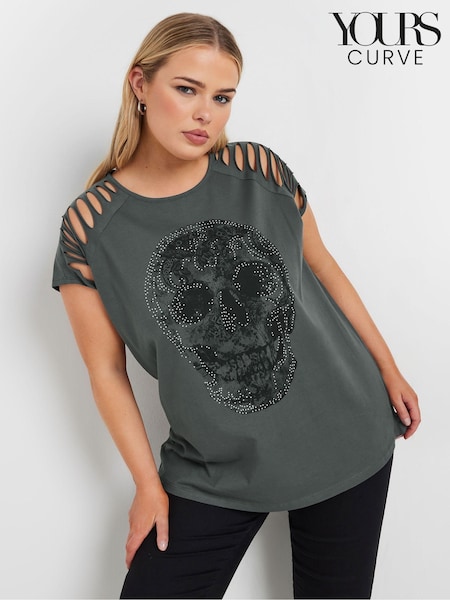 Yours Curve Grey Lace Skull 100% Cotton Laser Cut T-Shirt (AK4947) | £22
