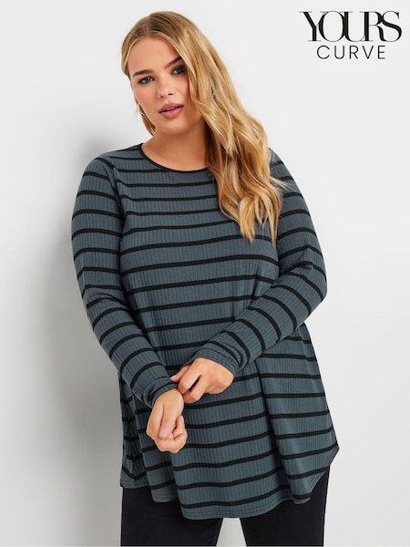 Yours Curve Grey Long Sleeve Rib Swing Stripe T-Shirt (AK4948) | £26