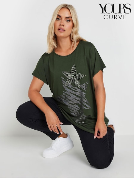 Yours Curve Green Glitter Star T-Shirt (AK4951) | £22
