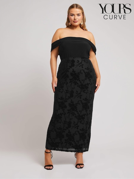 Yours Curve Dark Black London Burn Out Velour Column Skirt (AK4957) | £39