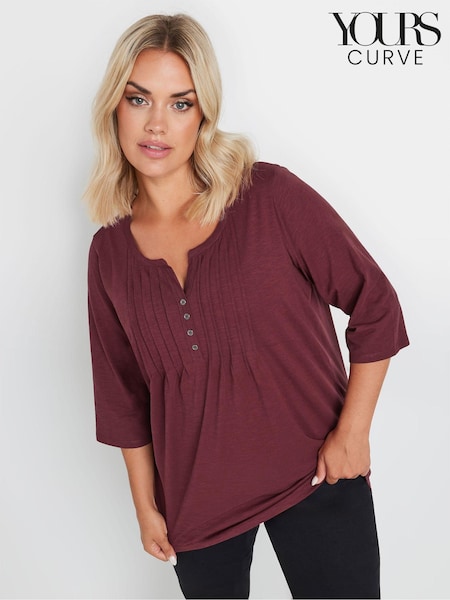 Yours Curve Red 100% Cotton Pintuck Henley Top (AK4961) | £22
