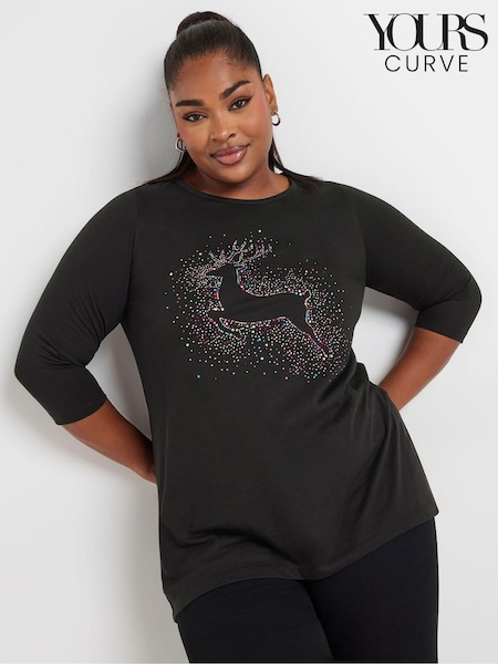 Yours Curve Black Reindeer Novelty T-Shirt (AK4962) | £20