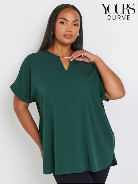 Yours Curve Green Short Sleeve Trim Neck Top (AK4963) | £22