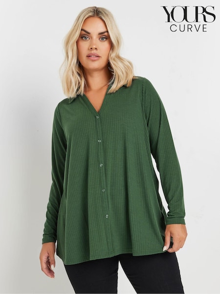 Yours Curve Green Collar Rib Button Front Top (AK4972) | £24