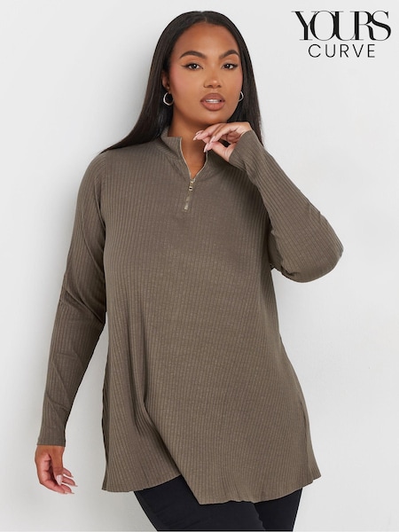 Yours Curve Brown Quarter Zip Rib 100% Cotton Top (AK4974) | £22