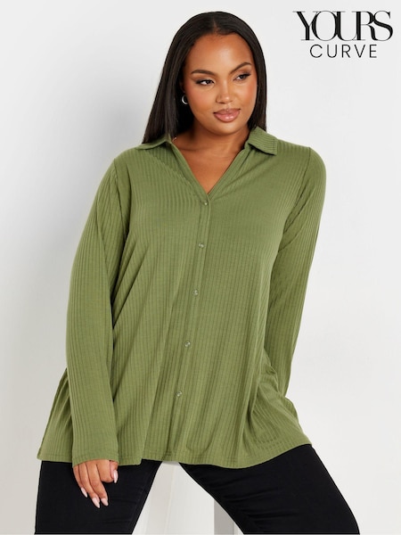 Yours Curve Bottle Green Collar Rib Button Front Top (AK4978) | £24