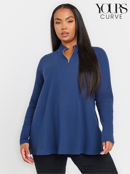Yours Curve Blue Quarter Zip Rib 100% Cotton Top (AK4980) | £22