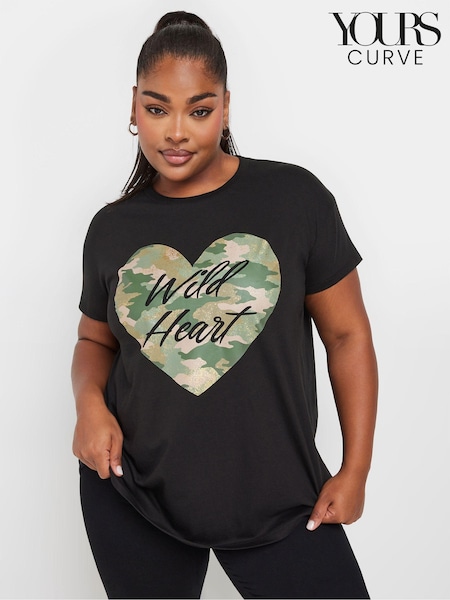 Yours Curve Black Placement Print T-Shirt (AK4992) | £19