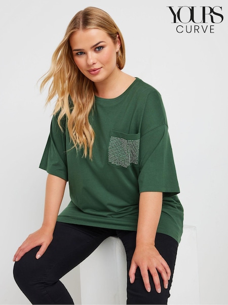 Yours Curve Green Oversized 100% Cotton Stud Pocket T-Shirt (AK4993) | £19