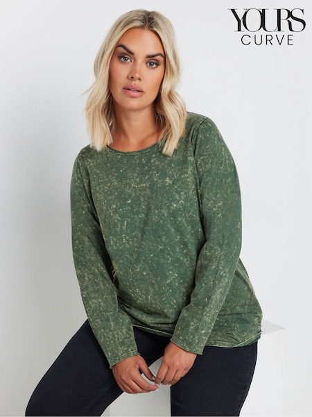 Yours Curve Green 100% Cotton Long Sleeve Acid Wash T-Shirt (AK5000) | £19