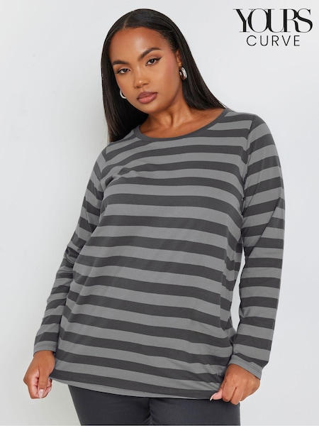 Yours Curve Grey 100% Cotton Long Sleeve Stripe Basic T-Shirt (AK5006) | £19