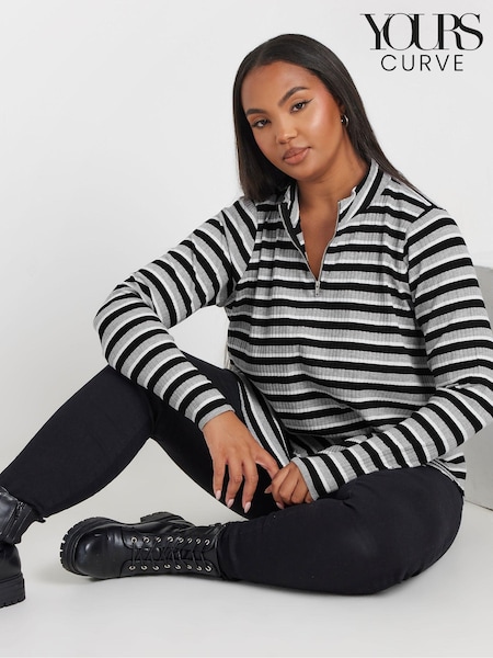 Yours Curve Grey Grey 100% Cotton Quarter Zip Rib Sweatshirt (AK5009) | £24