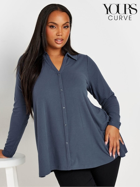 Yours Curve Grey Collar Rib Button Front Top (AK5011) | £24