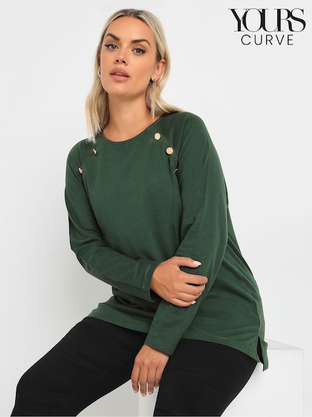 Yours Curve Green 100% Cotton Military Button Long Sleeve T-Shirt (AK5012) | £24