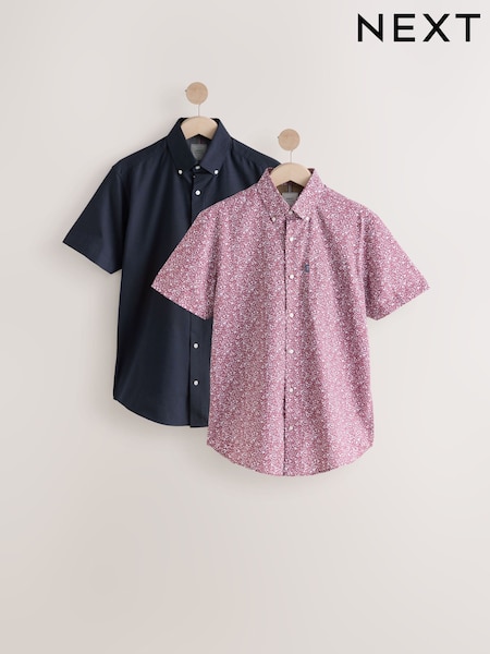 Red Floral/Navy Regular Fit Easy Iron Short Sleeve Oxford Shirts 2 Pack (AK5176) | £44