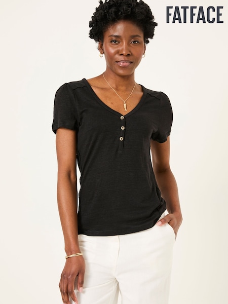 FatFace Lena Black Linen Henley Top (AK5314) | £42